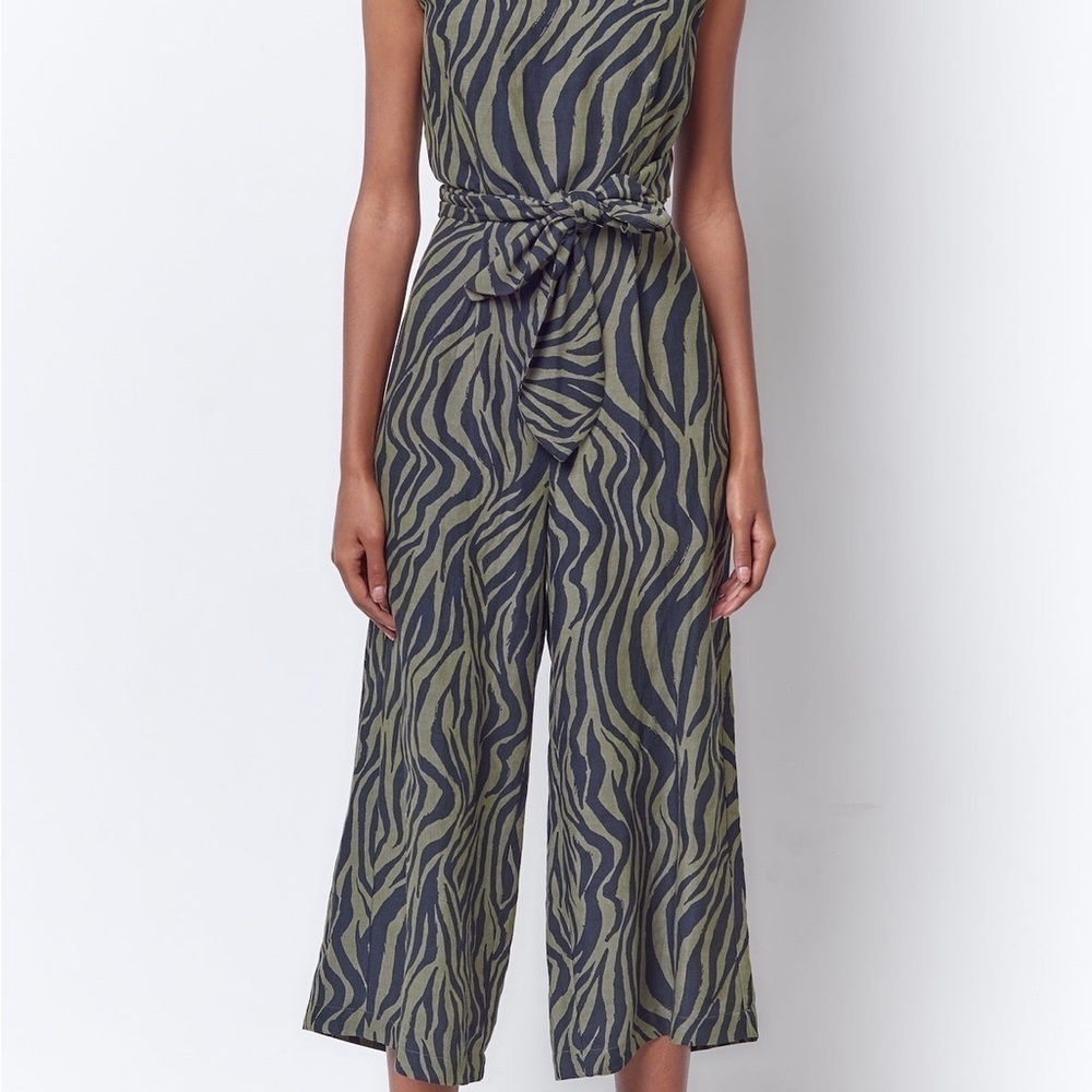Anthropologie Linen Blend Corey Lynn Calter Onyx Wrap Jumpsuit in Zebra Size XS